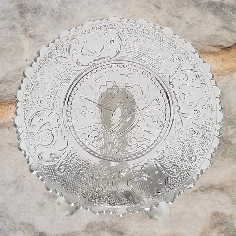EAPG Mini Clear Glass Plates Westmoreland The Wedding Day & Hearts & Lyre 1930